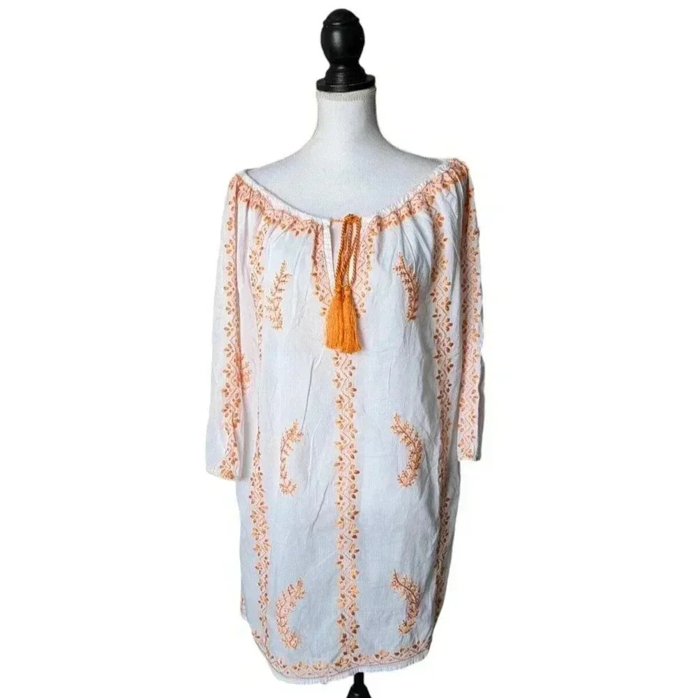 Juliet Dunn London White Orange Floral Embroidered Swim Cover Dress One Size
